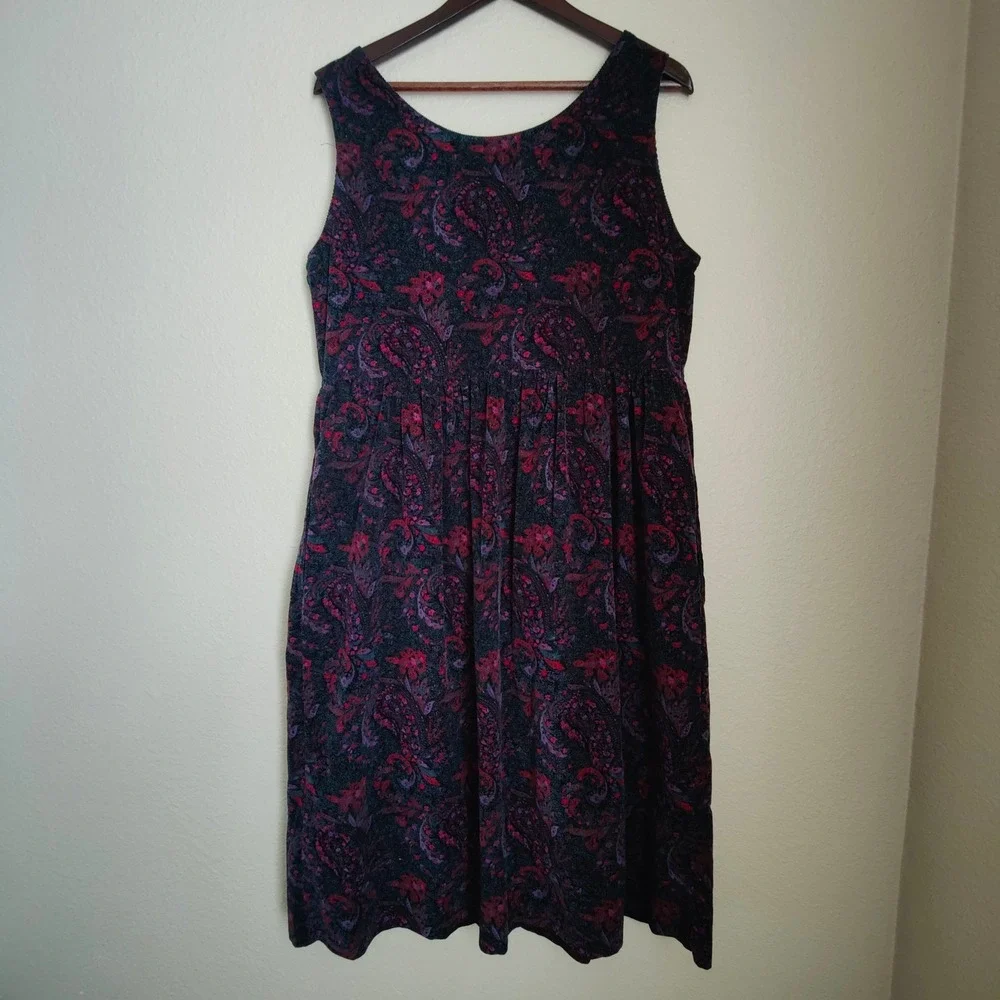 L.L. Bean Paisley Corduroy Pinafore Dress Cottagecore Button Front Vintage USA - Picture 6 of 9